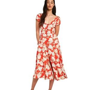 Urban Outfitters Coral Floral Babydoll Midi Dress V-Neck Cap Sleeve Button Sz XS